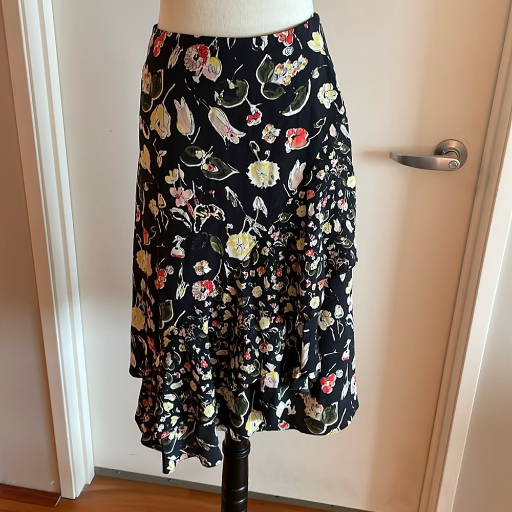 GREY Jason Wu Asymmetric Silk Floral Ruffle Skirt Black Knee Length Size 2